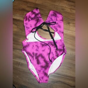 Pink Tie-Dye One-Piece Swimsuit with Black Tie